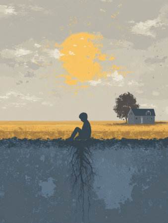 A figure sits with roots extending into the ground, embodying a grounding technique for managing PTSD in a peaceful rural landscape at sunset.の素材