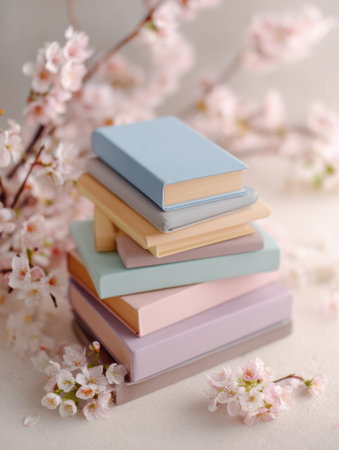 A stack of pastel colored books invites readers with their soft matte finish, surrounded by delicate spring blossoms that add a touch of eleganceの素材