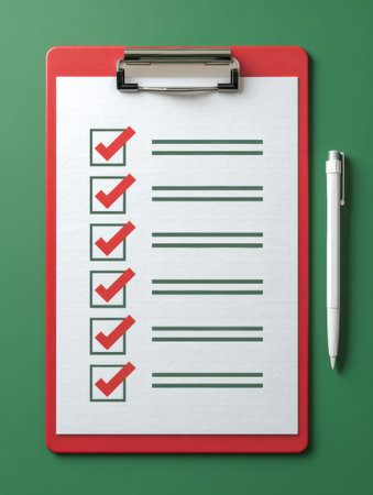 Safety checklist displayed on a clipboard features clean icons and check marks, accompanied by a pen, suitable for ensuring task completion in various settings.の素材