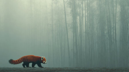 A red panda explores the bamboo-covered ground in a misty mountain forest, with tall trees shrouded in fog creating a serene atmosphere.の素材