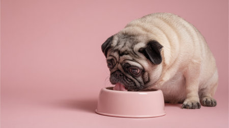 Pug eagerly licks a bowl on the right side of a soft pink backdrop, showing its playful nature and love for food during a bright, cheerful moment.の素材