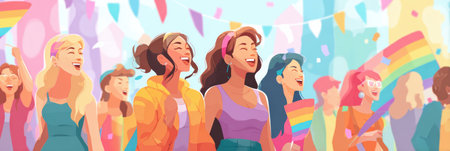 Festive gathering where people joyfully celebrate pride, engaging in supportive activities and uplifting each other while surrounded by cheerful decorationsの素材