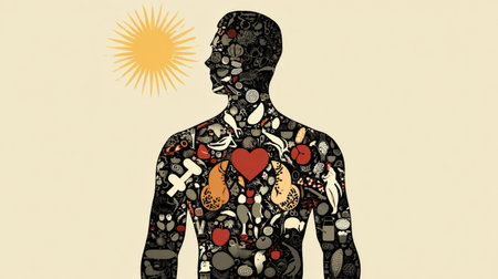 A male silhouette with health icons like a heart, muscles, nutritious foods, and a sun represents a balanced lifestyle focused on wellness.の素材