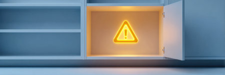 An empty medicine cabinet features a glowing warning icon, illuminating the interior while the right side remains spotless, suggesting a lack of supplies.の素材