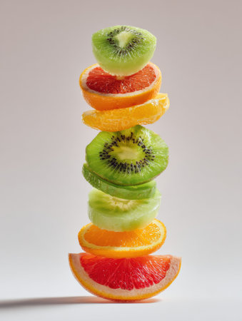 Various fruit slices are stacked vertically to form a vibrant totem display, showing a mix of colors and textures with a simple backdrop.の素材
