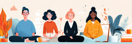 An infographic displays various mental health self-care practices with four diverse individuals practicing mindfulness and relaxation techniques indoors.の素材