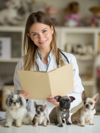 A young veterinarian in a white coat smiles while holding an open file folder at her desk, with adorable pet models positioned in front of her.の素材