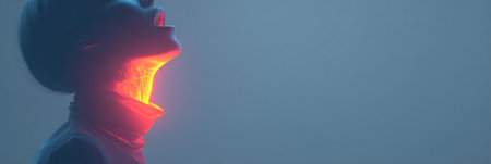 Animated representation of a sore throat featuring a glowing throat area, set against a minimalist background for a clear focus on the concept of pain.の素材