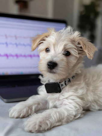 Heartbeat monitor displays vital signs of a puppy in a warm, inviting indoor space, with the playful puppy lying calmly beside the screen.の素材
