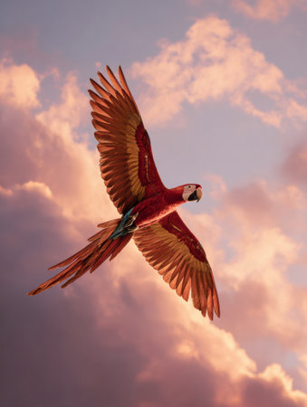 A macaw soars through a colorful sunset sky, highlighting its vivid feathers against the soft clouds while experiencing the calm of twilight.の素材