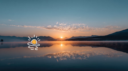 As dawn breaks, soft light reflects on a calm lake, while wellness icons float gently, symbolizing peace and tranquility in a serene natural landscape.の素材