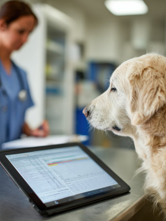 Vet focuses on entering exam data on tablet next to goldenr, who waits calmly during checkup at the veterinary clinic.の素材