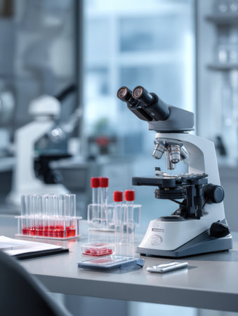 In a veterinary laboratory, a microscope is positioned on a tidy desk alongside test tubes containing samples, supporting ongoing research activities.の素材