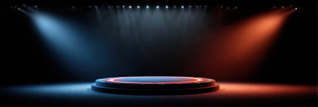 Spotlight illuminates the central area of a political debate stage, surrounded by a wide empty background suggesting anticipation for upcoming events.の素材