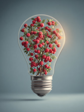 A light bulb filled with colorful berries and foliage highlights the theme of innovation, illustrating the fusion of ideas and nature in a clean, modern design.の素材