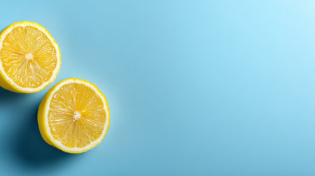 Two vibrant lemon wedges rest on a clean, soft blue background, showing their juicy texture and bright color, ideal for seasonal cooking inspirations.の素材