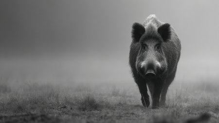 A wild boar makes its way through a foggy environment, revealing its silhouette amidst low-contrast surroundings, evoking a serene yet enigmatic mood.の素材