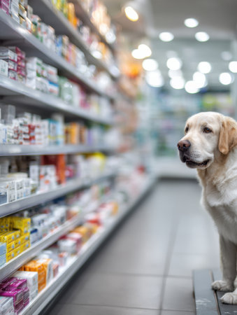 A dog stands beside a pet food counter while shelves of veterinary medications are blurred in the background, showing a pet-friendly shopping environment.の素材