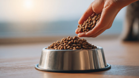 Hand is pouring dry pet food into a shiny bowl placed on a clean surface, emphasizing a caring moment between the pet owner and their pet.の素材