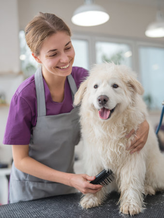 Veterinary assistant is brushing a fluffy dogの素材