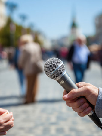 Journalist engages with a person using a microphone in a lively street environment filled with pedestrians during daytime.の素材