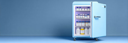 Fridge storing various pet vaccines stands in a vet clinic with door ajar, showcasing organized shelves filled with crucial medications for animals.の素材