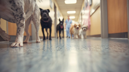 Pets stroll peacefully down a soft-focus veterinary hallway while a veterinarian observes from a distance, creating a serene atmosphere in the clinic.の素材