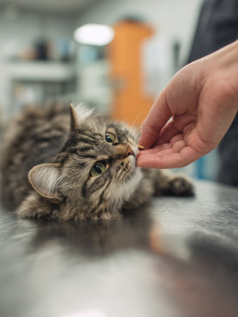 A veterinarians hand offers a treat to a nervous cat resting on a metal table in a veterinary clinic, focusing on the cats cautious expression.の素材