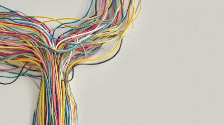 Tangled cables evolve into neat and structured connections, with a minimalistic background emphasizing the transformation in a calm and organized manner.の素材