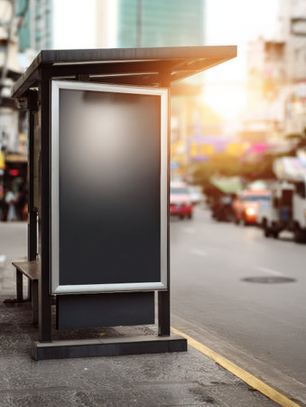 In a bustling morning urban environment, a public announcement board stands ready with digital messages, surrounded by moving vehicles and city life.の素材