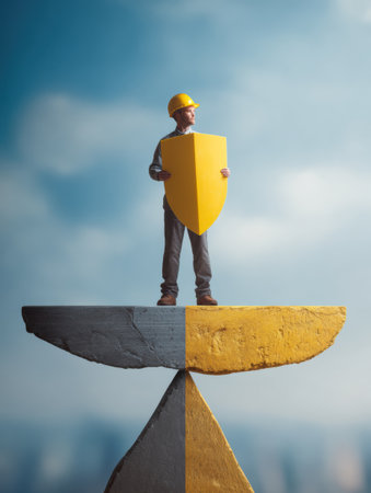 A person stands on a scale holding a yellow shield, symbolizing the balance between protection and freedom in a safety month visual.の素材