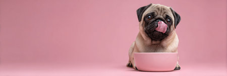 A pug is licking its bowl with enthusiasm against a soft pink background, showing the dogs playful nature and appetite in a serene setting.の素材