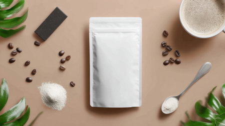 Neutral background showcases a simple pouch mockup with coffee beans and minimal props providing a clean and modern aesthetic appealing for branding.の素材