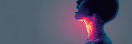 Animated illustration of a sore throat glowing from within against a minimalist backdrop, depicting discomfort and emphasis on the throat area.の素材