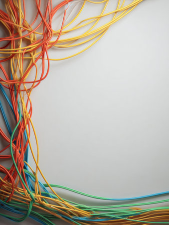 Colorful cables are intertwined and messy at the top, gradually transitioning into a neat arrangement at the bottom, highlighting organization and clarity.の素材