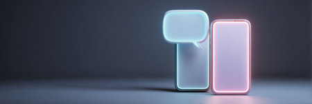 A smartphone stands prominently with glowing speech bubbles above it, conveying the essence of digital conversation in a minimalistic setting.の素材