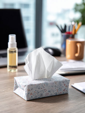 On an office desk, a tissue packet and nasal spray sit neatly, highlighting the essentials for comfort during remote work hours in a bright workspace.の素材