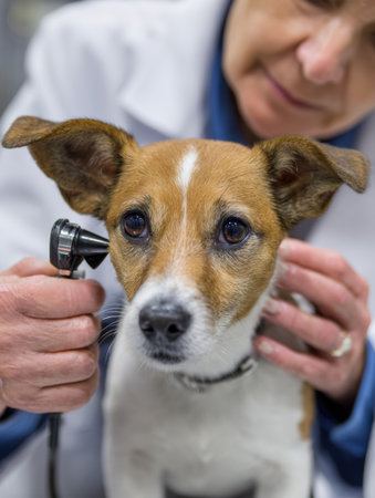 Veterinarian is checking the ears of a dog using an otoscope in a veterinary clinic, ensuring the pets health during a routine examination.の素材