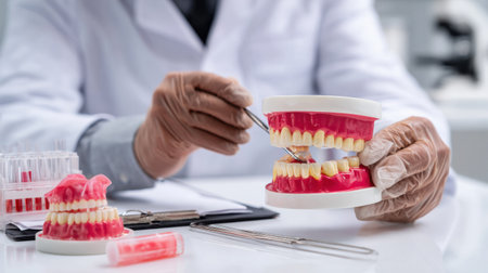 Vet performs dental care training for dogs, showcasing techniques with model jaws and dental tools, all within a veterinary clinic environmentの素材