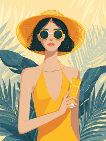 A woman in a yellow swimsuit, wearing sunglasses and a straw hat, holds sunscreen while surrounded by lush tropical plants, promoting skin safety.の素材