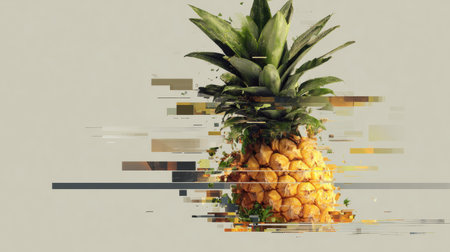 Low-poly pineapple is visually transformed with a glitch overlay, presenting a unique intersection of technology and food design in a contemporary context.の素材