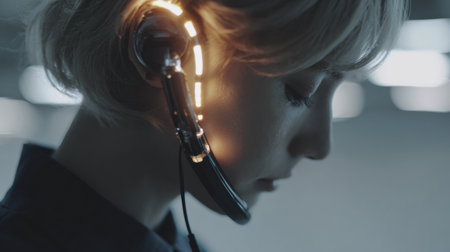 Individual uses a glowing real-time translation headset, focusing on auditory input in a simple, unobtrusive environment emphasizing technology.の素材