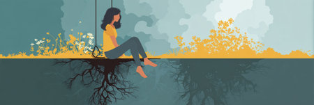 A woman sits on a swing amidst a tranquil landscape, using grounding techniques to manage PTSD, surrounded by vibrant nature and roots symbolizing stability.の素材