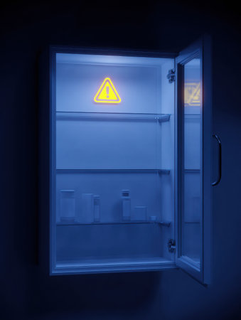 An empty medicine cabinet with a bright glowing warning icon is showcased on the right, providing a stark contrast to the organized space.の素材