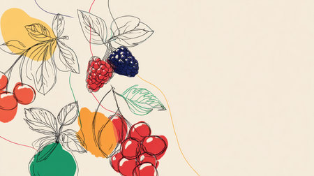 Line art featuring a variety of fruits with colorful accents brings a modern and minimal vibe, perfect for adding a pop of color to any room.の素材