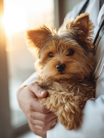 Stressed pet owner holds a small dog in a veterinary clinic, as warm light streams in from the side, highlighting their moment of concern and care.の素材