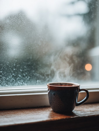 A steaming cup of tea rests on a wooden window sill, offering a cozy view of a foggy landscape and soft morning light illuminating the scene.の素材