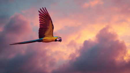 A macaw elegantly flies through a stunning sunset, its vibrant colors contrasting against the soft clouds in the sky, creating a breathtaking view.の素材