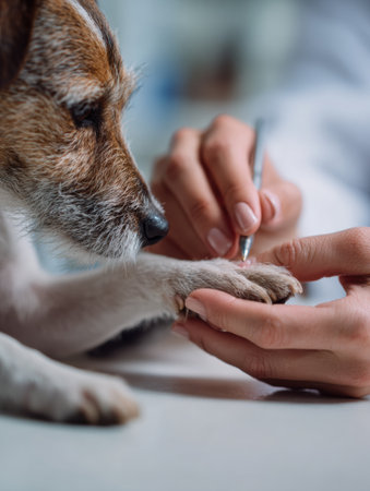 Vet uses precise tools to trim the nails of a calm dog in a minimalist clinic environment, showcasing attentive pet care and grooming techniques.の素材
