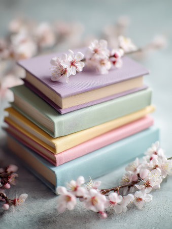 Pastel colored books are neatly stacked with a soft matte finish, surrounded by delicate spring blossoms, creating a serene and inviting atmosphere.の素材